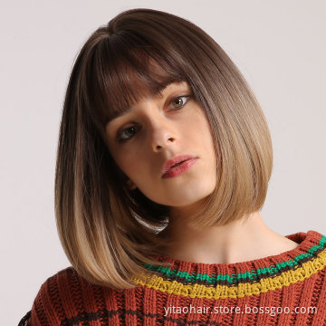 Anogol Cheap Ombre color black root Blonde Synthetic hair Bob Wigs With Bangs two tone 1B/#27 sik straight synthetic hair  wigs
